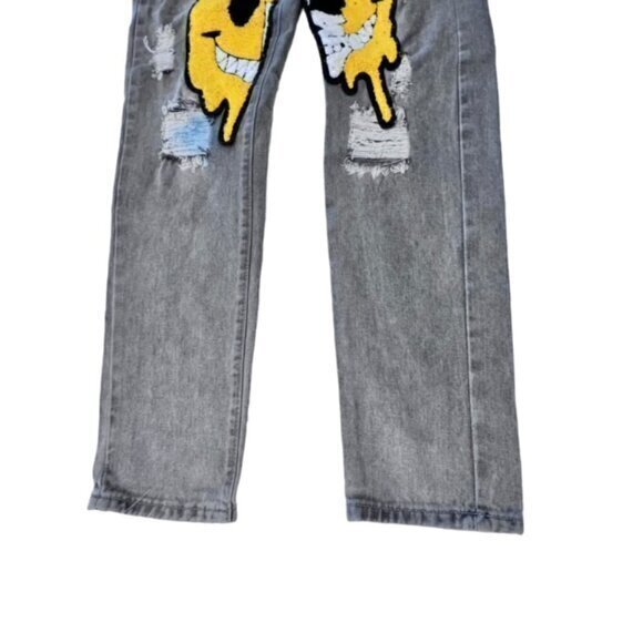 🎉SALE🎉 Distressed Denim Jeans Cartoon Graphic‎ Smiley Face Skull Streetwear 30 - Picture 2 of 14